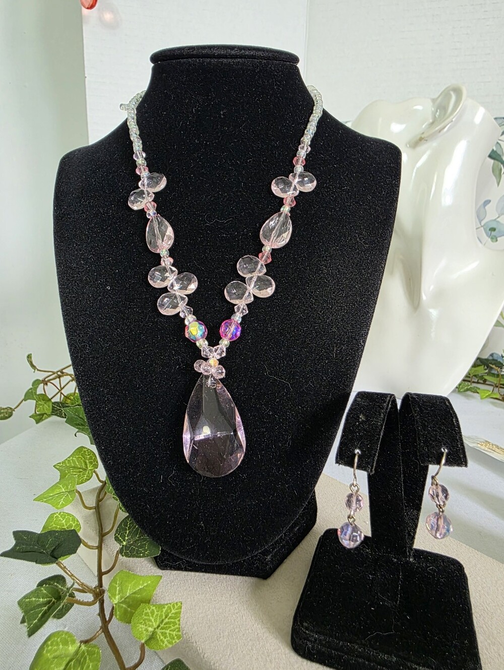 Pink Crystal Glass Teardrop Pendant Necklace & Dangle Earrings Set